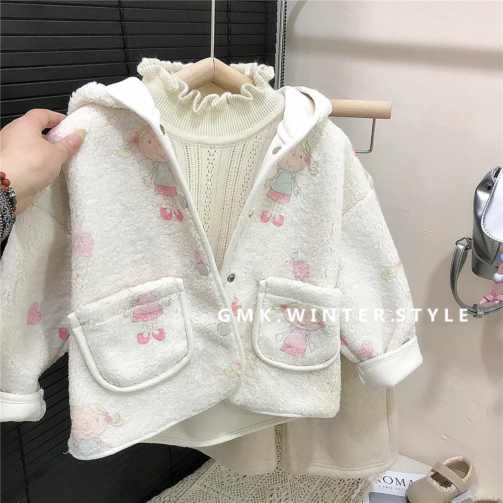 2025 Children Girls Woolen Coat Autumn Winter All Printing Infant Baby Girls Jackets Loose Fleece Toddler Girls Hooded Outerwear