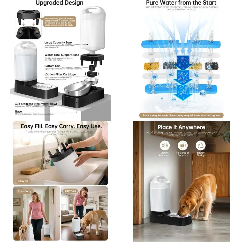 

Большая гравитационная поилка для животных объемом 2,4 галлона с фильтром, миской из нержавеющей стали и ручкой для переноски, для нескольких питомцев