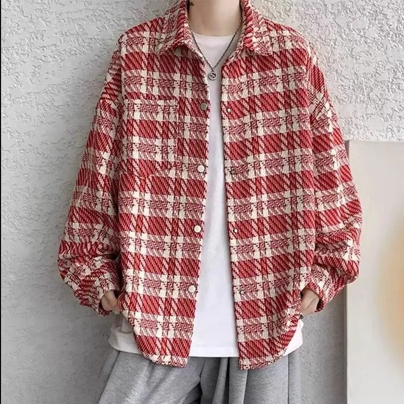 

Casual Loose Men's Woolen Plaid irt Jaet American Retro Sle Workwear Top Faion Urban Youth Outerwear Long Sve