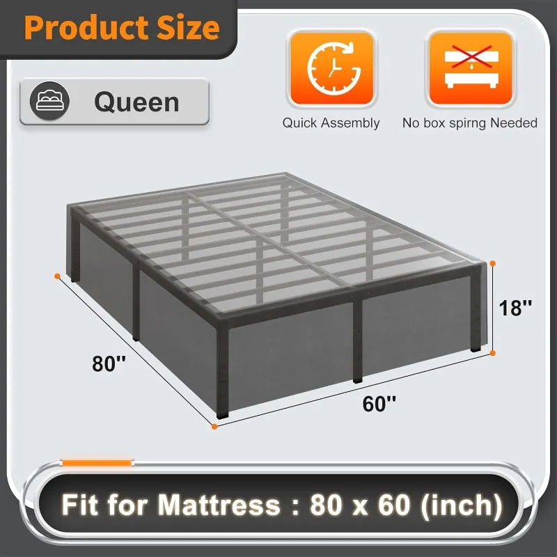 18 Inch Queen Bed Frame with Black Bed Cover, Metal Bed Frames Queen Size No Box Spring Needed, Heavy Duty Mattress