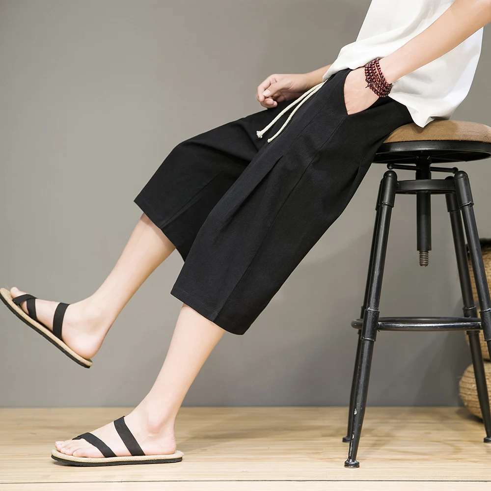 

Lightweight Linen Cotton Casual Pants Men's Summer Loose Straight Leg Seven-Foot Pants Breathable Comfortable Faionable