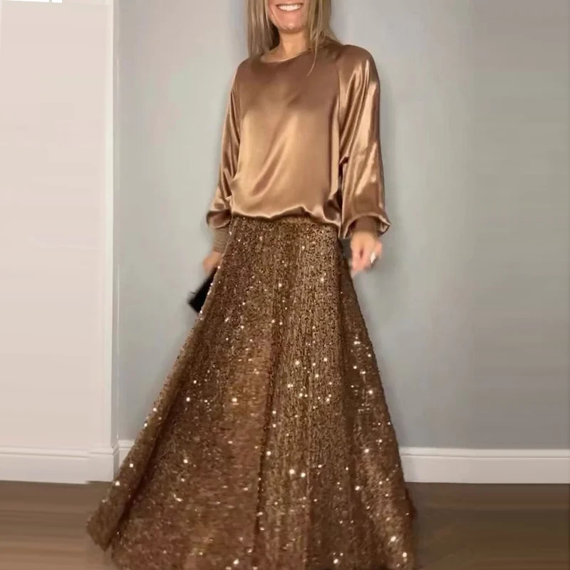 Elegant Satin round Neck Sweatshirt & Sequined Skirt Set Retro Solid Color Sequin Elastic Waist Skirt Suit For Women Outfits New