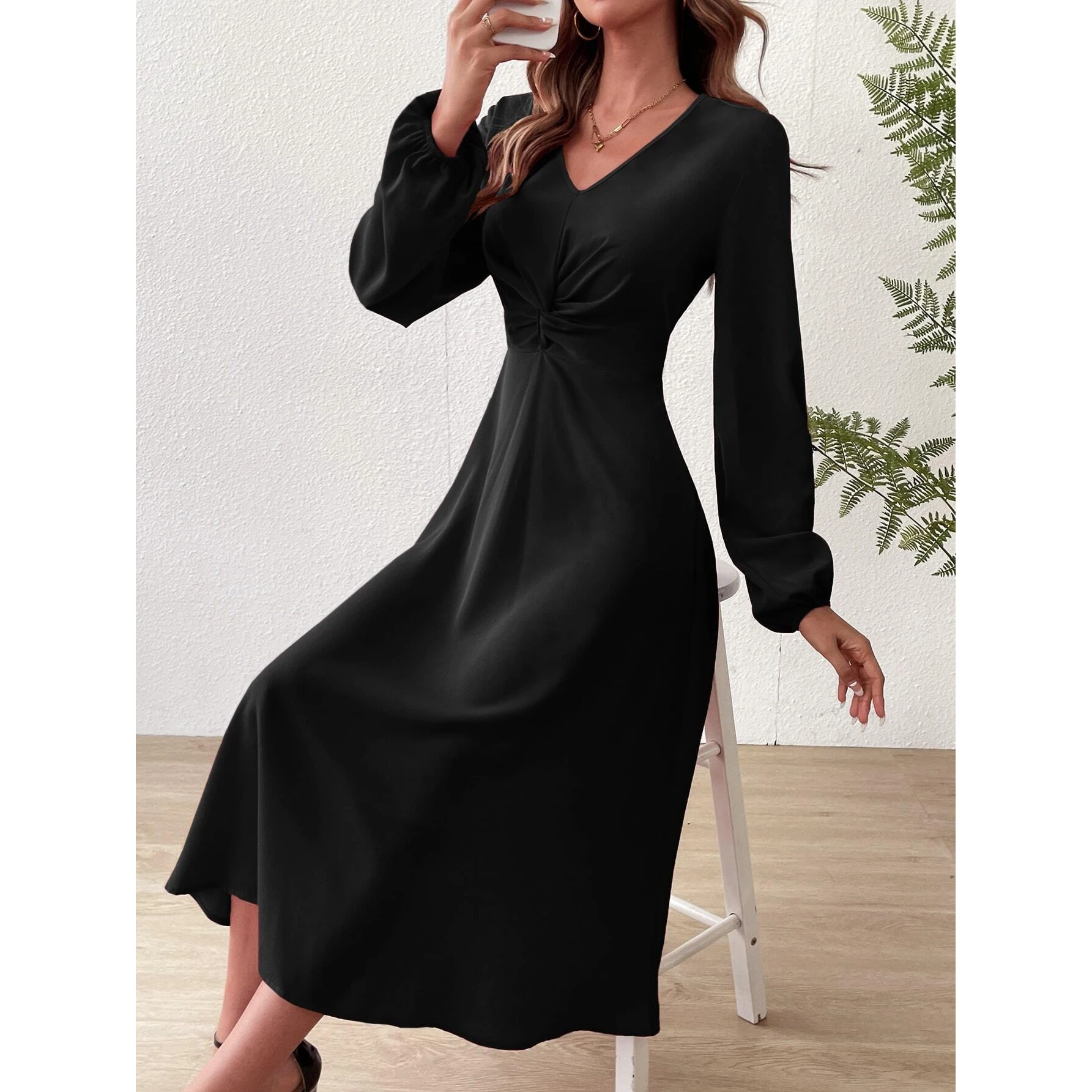 Ele V-ne Midi Dr 2024 خريف وشتاء عالي الخصر على شكل حرف a Sister Sle Long Sve Ele Dr للنساء