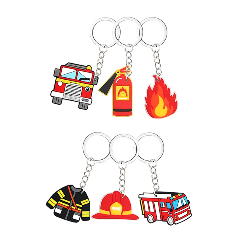 6pcs Fire Truck PVC Keychains Truck Lifejacket Helmet Flame Key Rings Kid's Gift Fillers For Firefighter Birthday Party