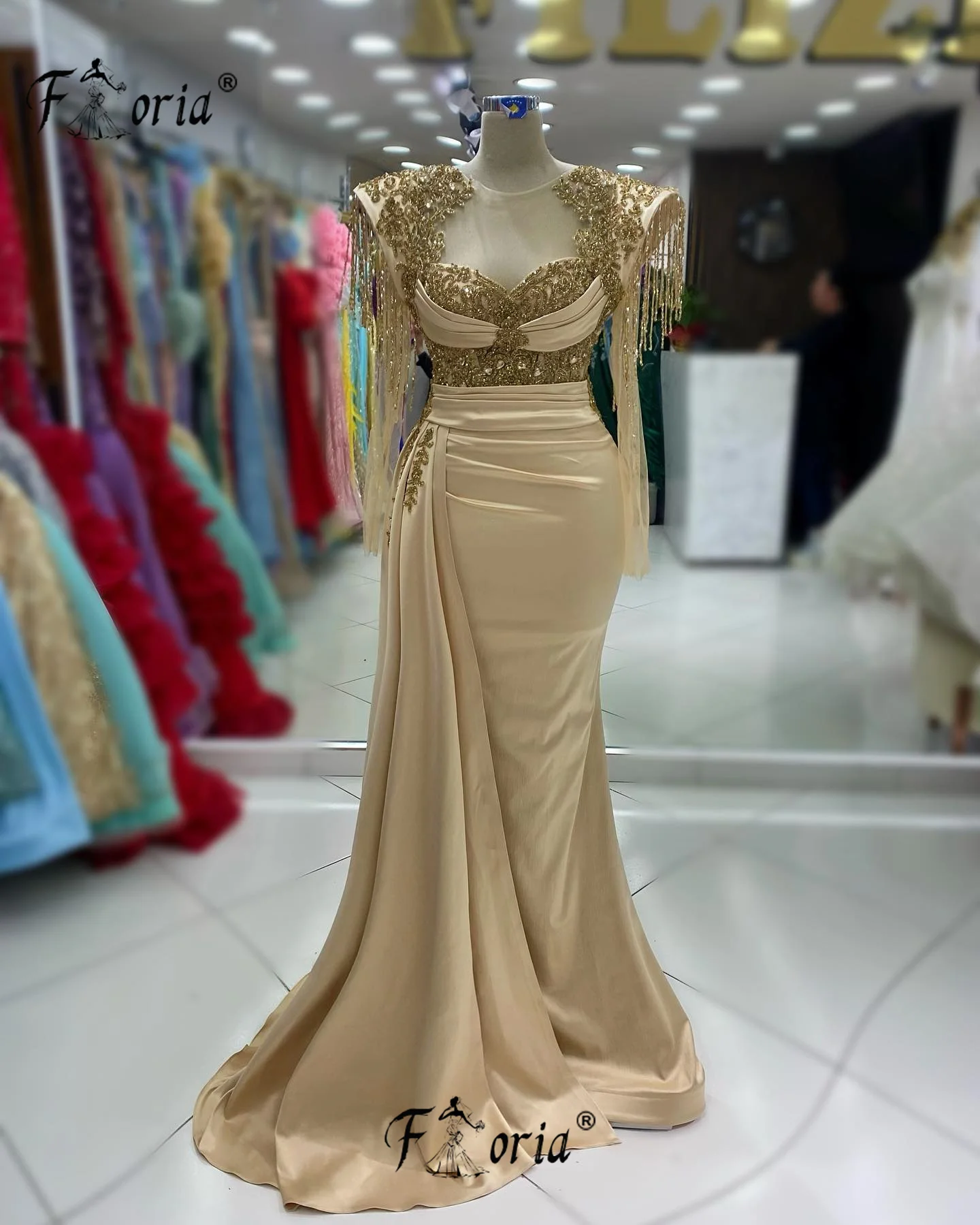 

Elegant Champagne Mermaid Evening Dresses with Tassel Long Sleeves Gold Beads Corset Side Train Dubai Luxury Wedding Dress 2024