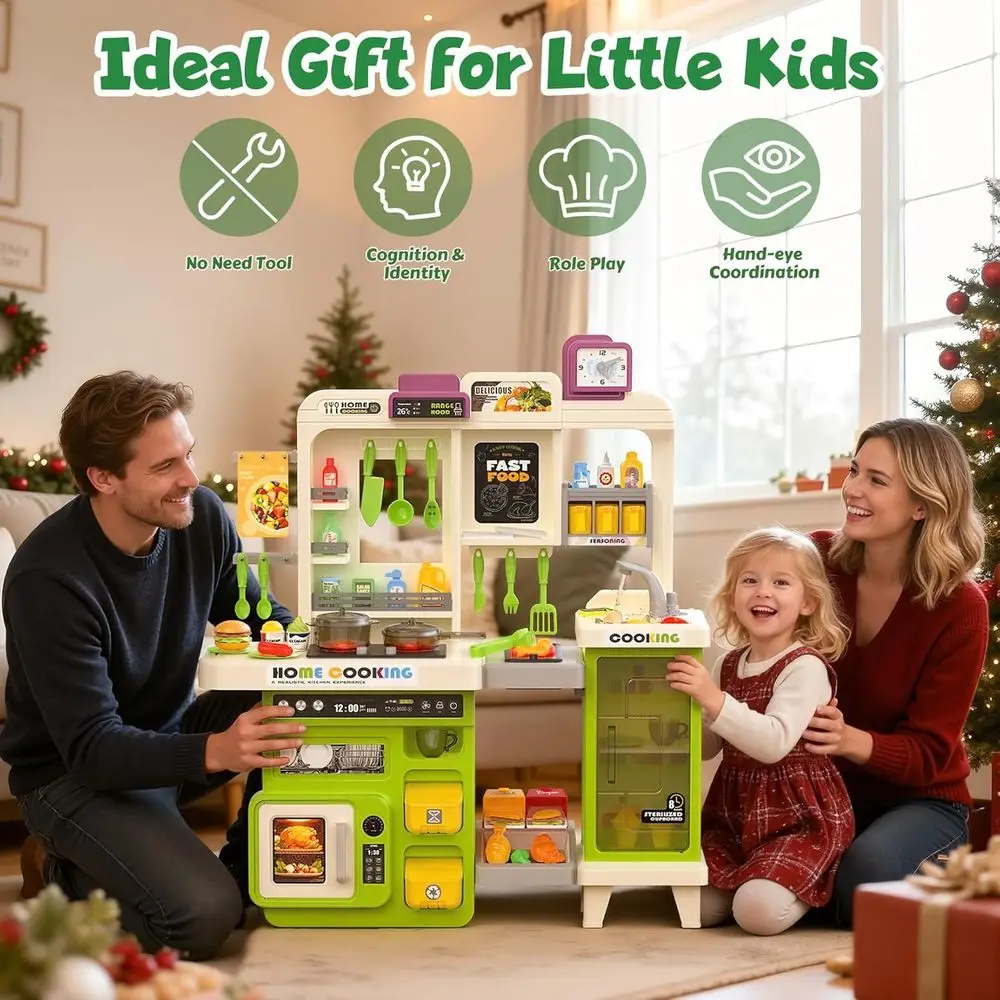 مجموعة المطبخ التظاهرية مع أضواء، أصوات، بخار، حوض، شواية، طعام لعب، ملحقات مطبخ الأطفال الصغار، حقيبة تخزين #2