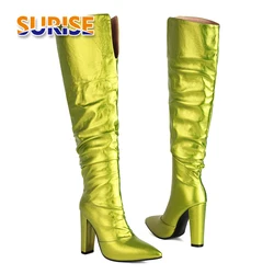 Winter Women Knee High Boots Green Rosy Metallic Chunky Heels Party Club Lady Slip-on Pointed Toe V-cut Tube Pleated Long Boots