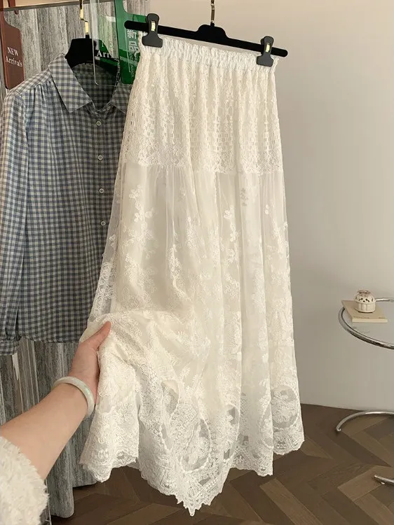 

Ele белая кружевная плиссированная юбка f, женская новинка 2025 года, негабаритная юбка-зонтик с высокой талией и тяжелой вышивкой, для поездок на работу