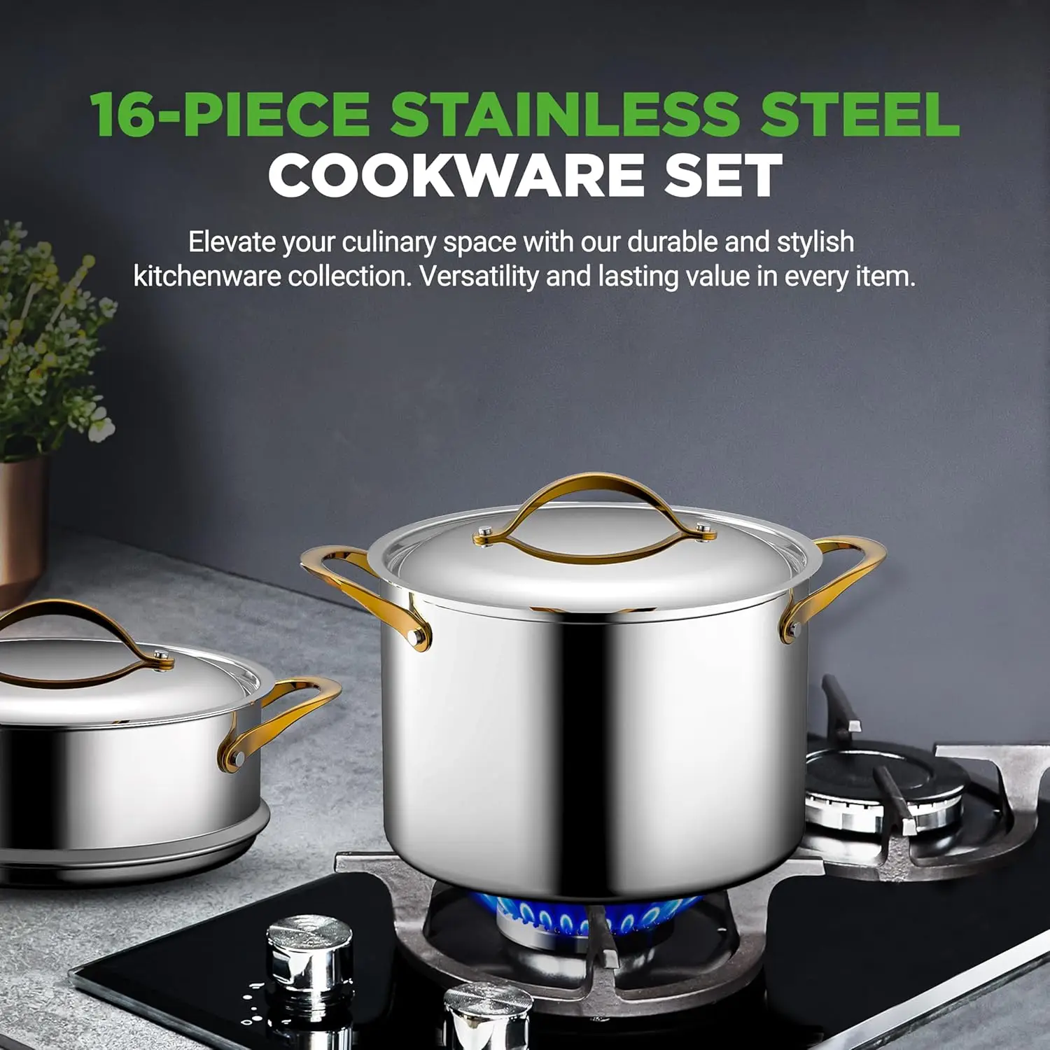 16-Piece Stainless Steel Kitchenware - Pots & Pans Set Clad Kitchen Cookware With Nylon Utensils, Fry Pan Interior