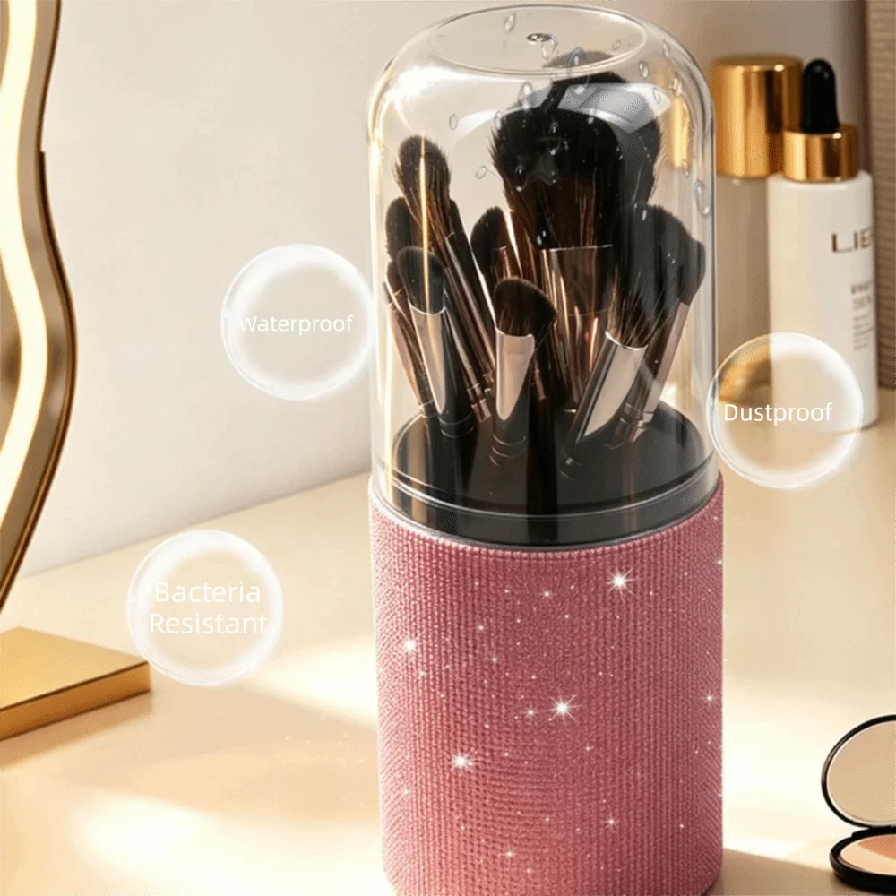 Rhinestone Makeup Brush Storage Bucket Portable PU Leather Glitter Makeup Brush Holder Pen Holder Bling Makeup Storage Box