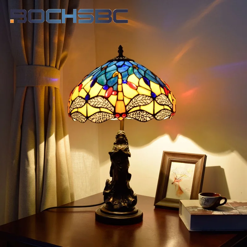 BOCHSBC Tiffany retro style yellow dragonfly desk lamp art deco living room dining room study bedroom nightstand reading lamp