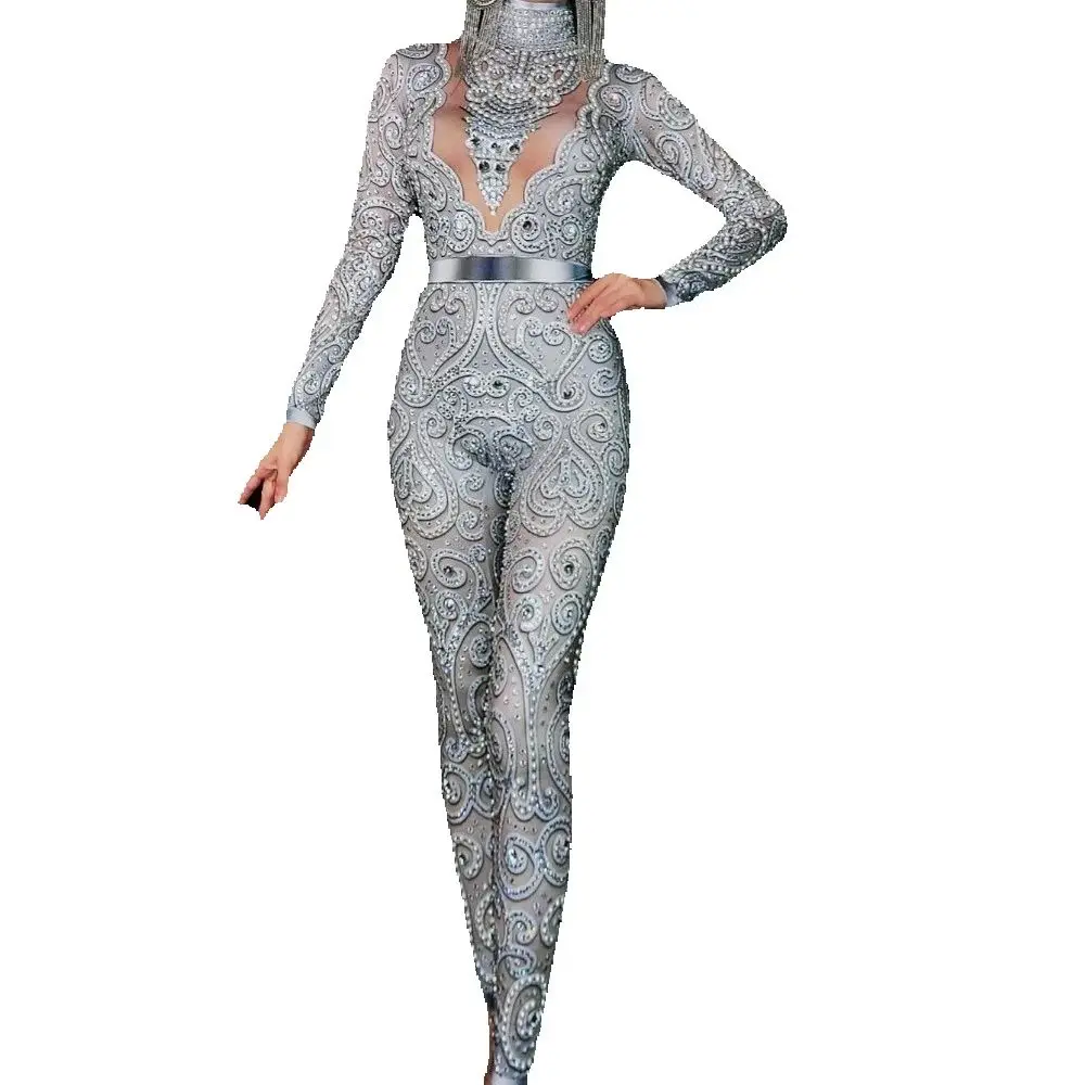 

High-end Female Silvery Gray Crystals Jumpsuit Sexy Stretch Skinny Pearl Bodysuit Singer Bar Party Stage Performance DS Costume