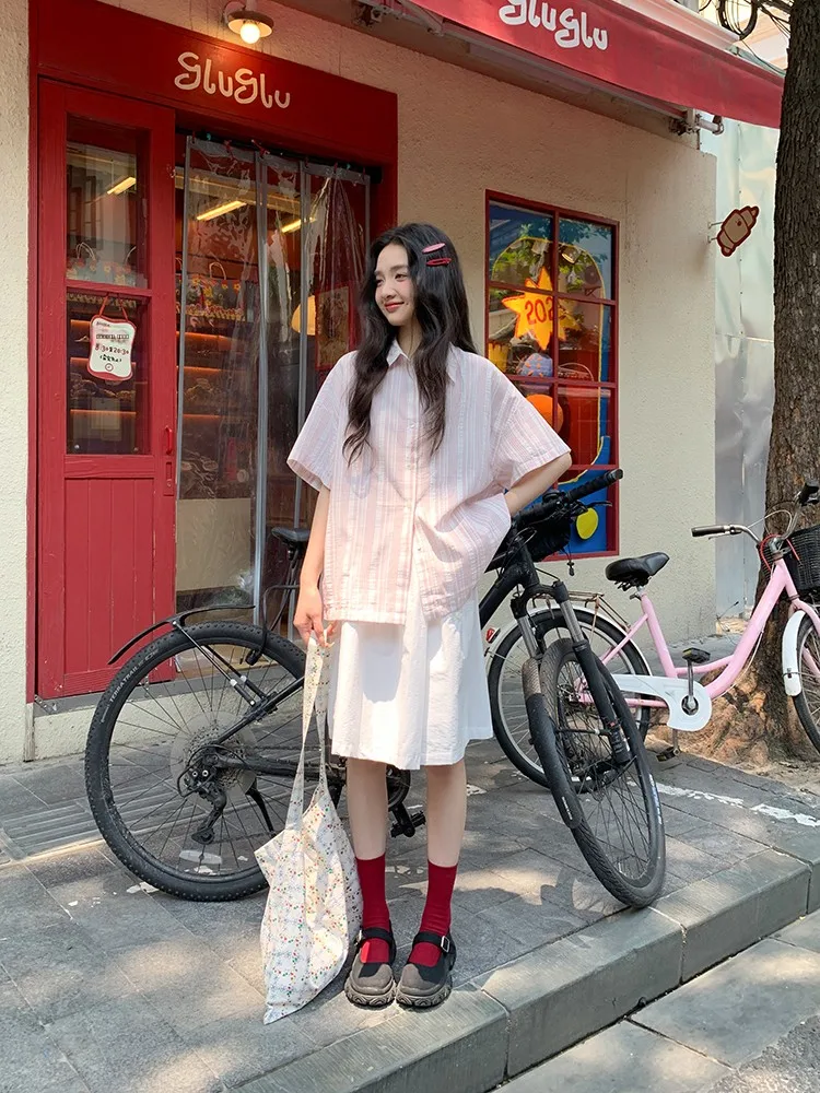 

Розовая полосатая женская свободная блузка с коротким рукавом, летний дизайн, корейский стиль, повседневная, модная, новинка 2026