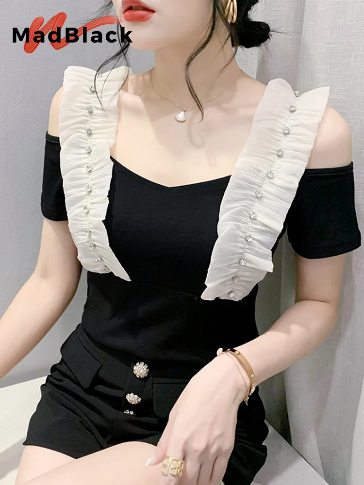 MadBlack Summer European Clothes Tshirt Female Sexy Crochet Lace Beaded Slim Cotton Tops Ruffles Short Sleeve Tee New T35023C