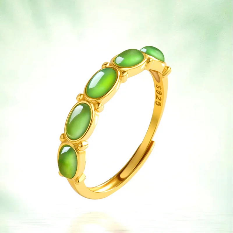 

Natural Hetian jade jasper ring spinach green egg rose gold S925 silver set fashionable jewelry accessory open adjustable