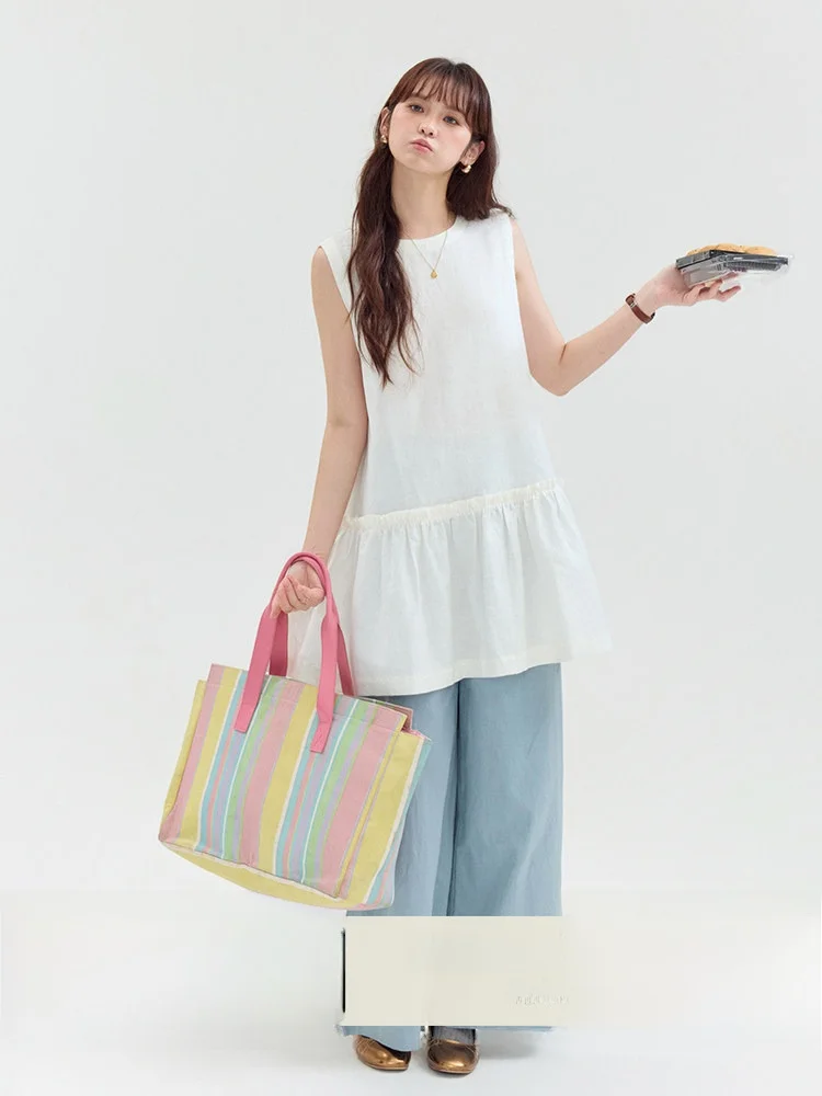 

AMUU Mid-Length Lace Trim Vest Shirt Women's Sleeveless round Neck Top Korean Style Breathable Cotton Blend Summer New Arrival