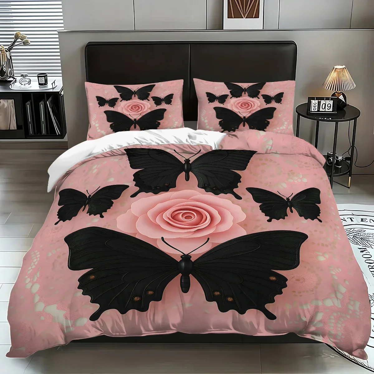 Juego de funda nórdica con estampado de mariposas florales rosas de 3 piezas, 1 funda nórdica + 2 fundas de almohada, sin núcleo. Juego de cama suave y cómodo.