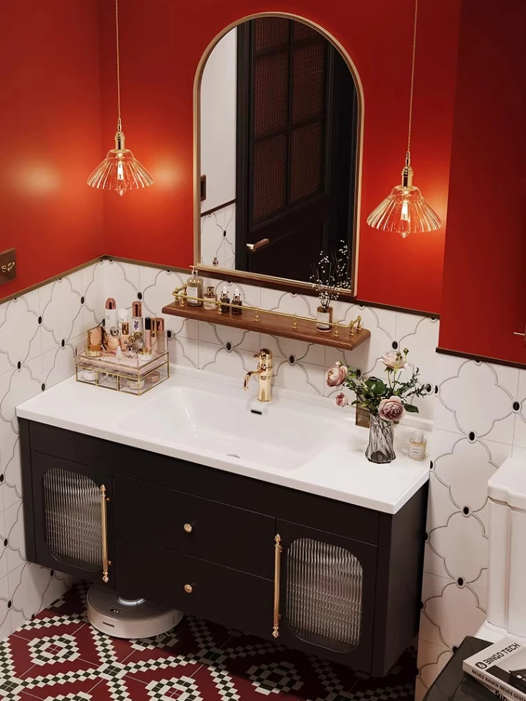 

French bathroom cabinet ceramic integrated basin oak washbasin cabinet combination