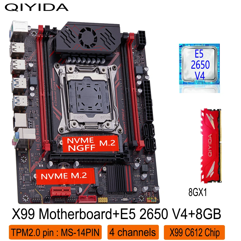 Kit combinado de placa base QIYIDA X99 LGA 2011-3 con CPU XEON E5 2650 V4, 1 unidad de memoria DDR4 de 8GB = 8GB, 4 canales, NVME M.2, tpm2.0, 14 pines