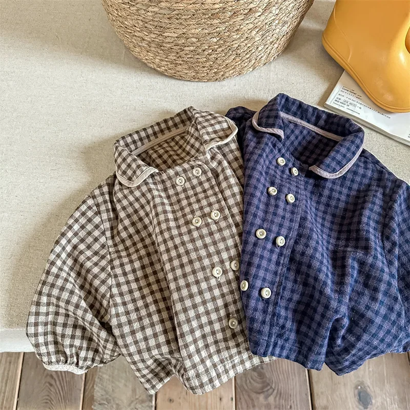 

2025 Spring Korean Style Baby Girls Plaid Blouses Peter Pan Collar Bat Sleeve Toddlers Kids Cotton Linen Blouses