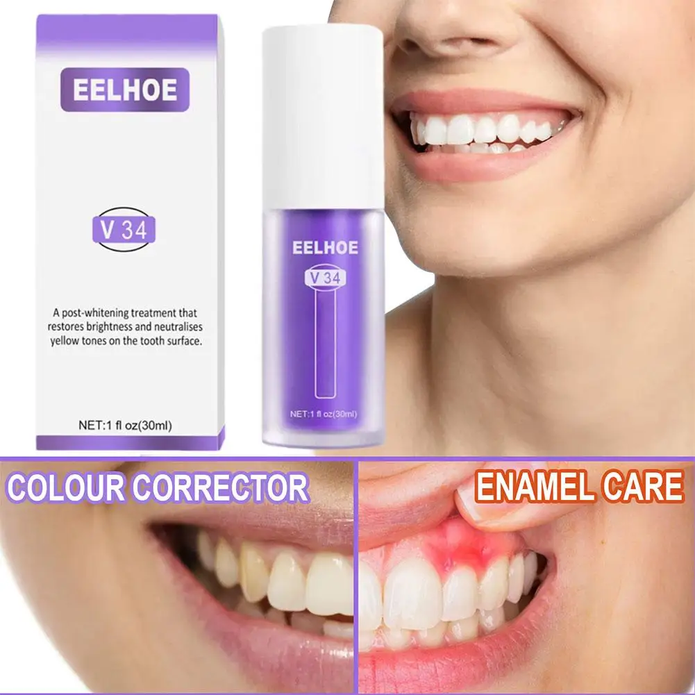 V34 Teeth Whitening Purple Toothpaste Remove Teeth Stain Brightening Whitening Essence Fresh Breath Color Corrector Oral Care