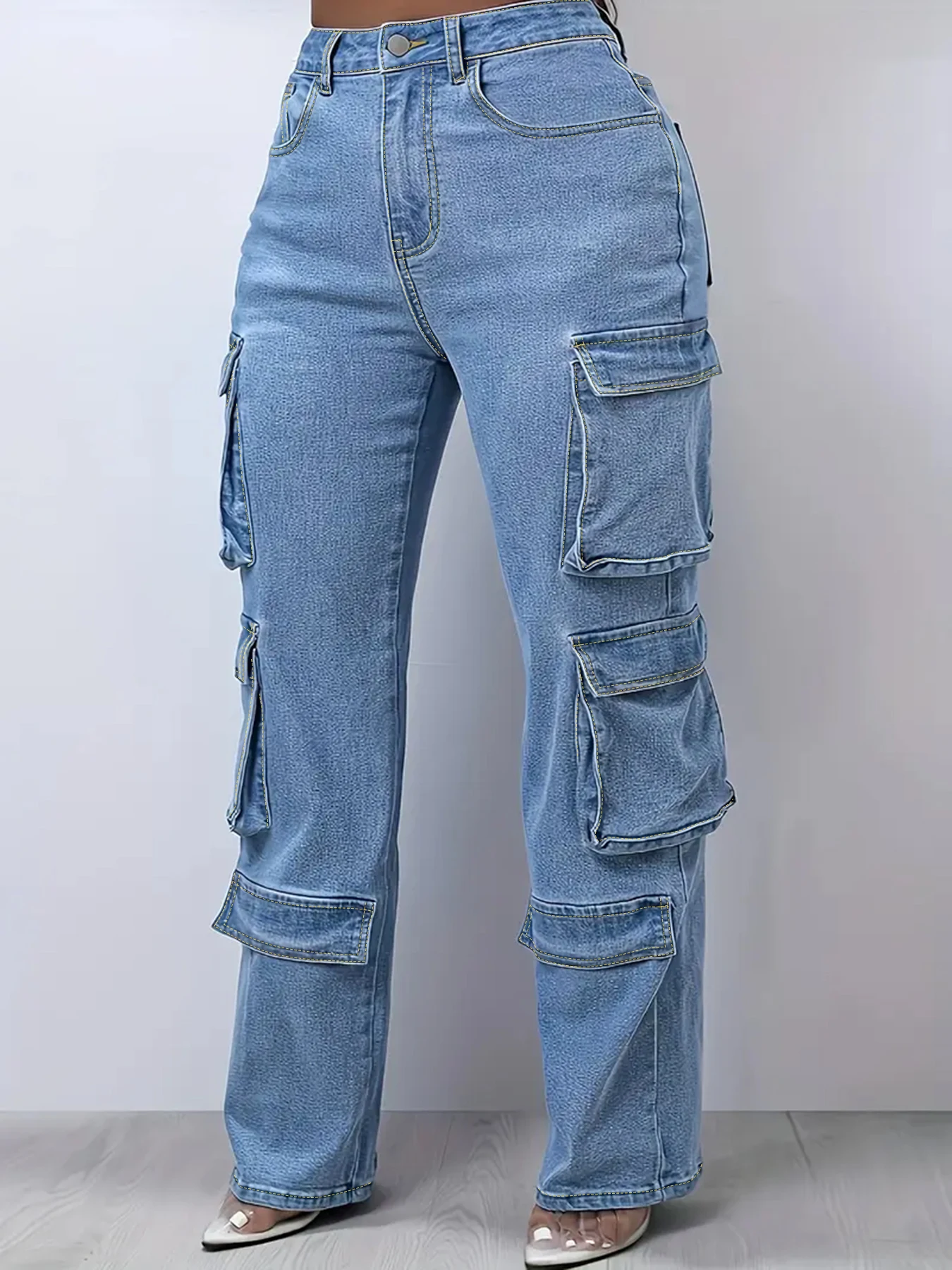 Plus Size Women's Mid Rise Light Wash Cargo Straight Jeans, Multi Flap Pockets, Casual Loose Fit Streetwear Denim Trousers - Image 2