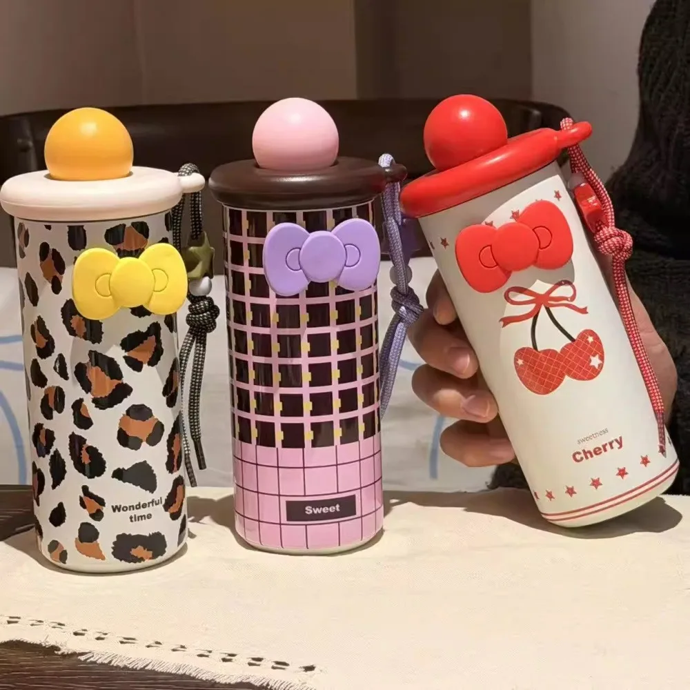 Cute Cherry Thermal Water Bottle With Straw Bow Sticker Stainless Steel Thermos For Hot Cold Coffee Tea 550ml Insulating Tumbler