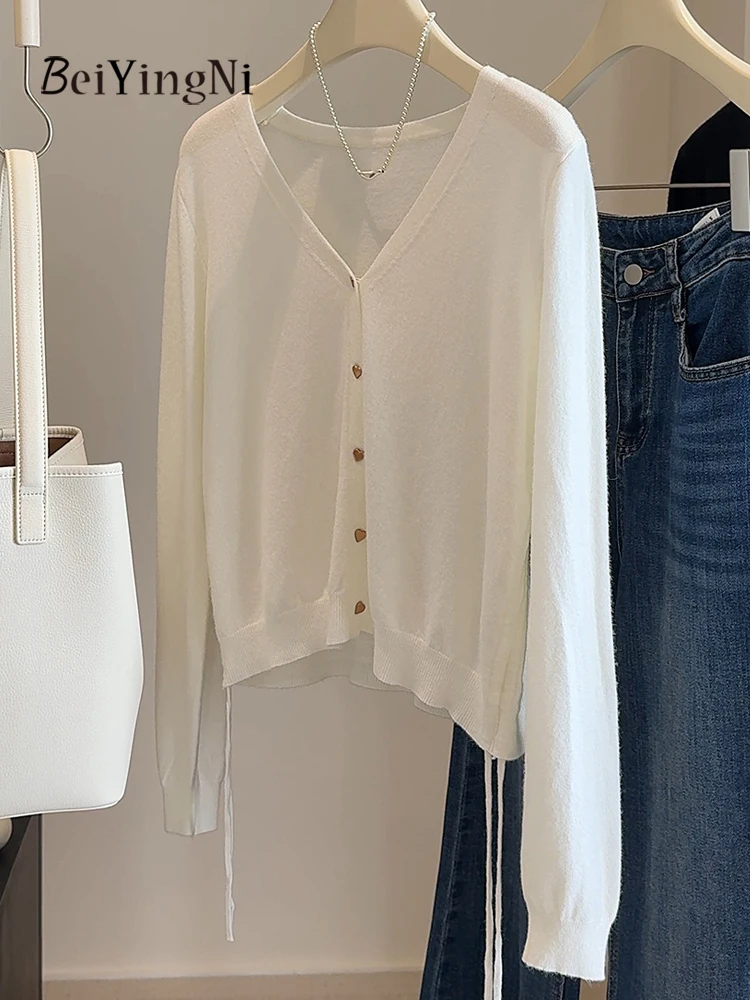 Beiyingni V-neck Knitted Cardigans Female Single-breasted Drawstring Black Casual Women's Sweater Plain Warm 2025 Winter Clothes