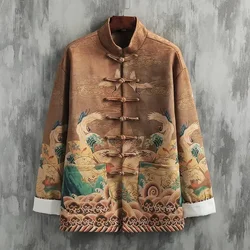 Tang Men's Outerwear Jacket, New Chinese Style Trendy Casual Printed Jacket Spring and Autumn Buttoned Crane Handsome Jacket