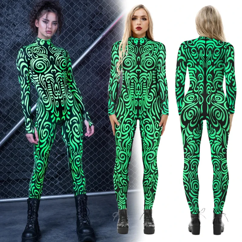 Vipfashion-bodysuit zentai estampado geométrico feminino, traje cosplay Rave verde e rosa, traje zentai feminino, festa de Halloween, feriado