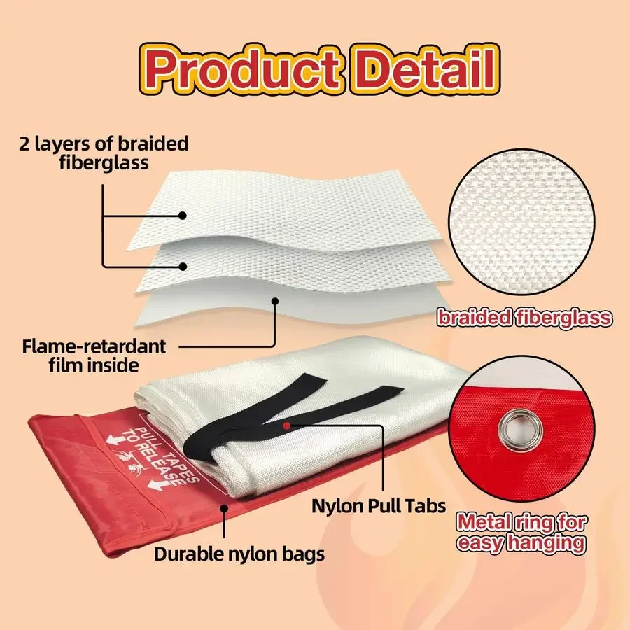 حزمة بطانية حريق للطوارئ للمطبخ المنزلي، 39 × 39 بطانيات كبيرة لضغط الحرائق في حالات الطوارئ من الألياف الزجاجية المقاومة للهب