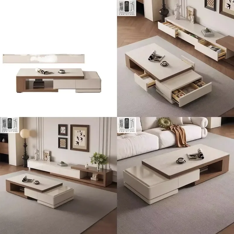 for Cream wind TV cabinet Travertine rock slab retractable coffee table combination Household living room Walnut color
