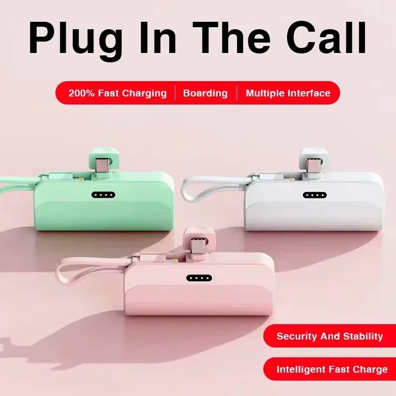 5000mAh Mini Power Bank 2 IN 1 Fast Mobile Phone Charger External Battery Power Bank Plug Play Type-C For iPhone Samsung Huawei