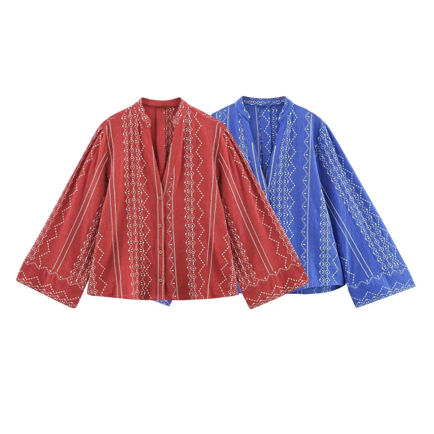 

KONDALA Embroidery Loose Button Shirt Fashion 2025 Spring Vintage Women Blouse Single Breasted V-Neck Elegant Female Chic Shirt