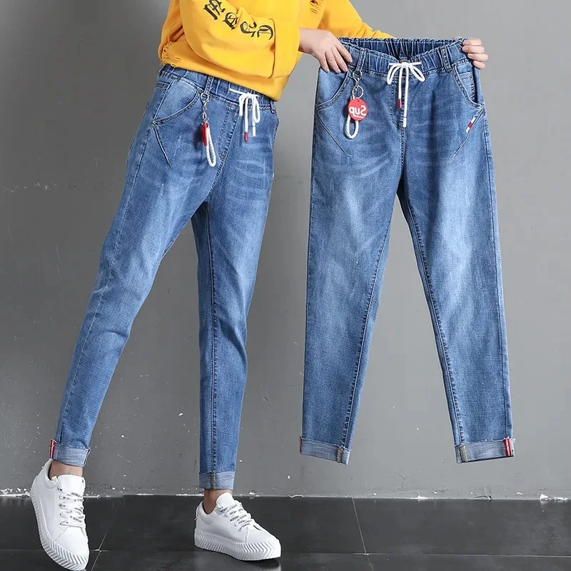 

2022 New Autumn Women Jeans Elastic High Waist Denim Pants Female Vintage Slim Elastic Waist Washed Boyfriend Jeans Trousers