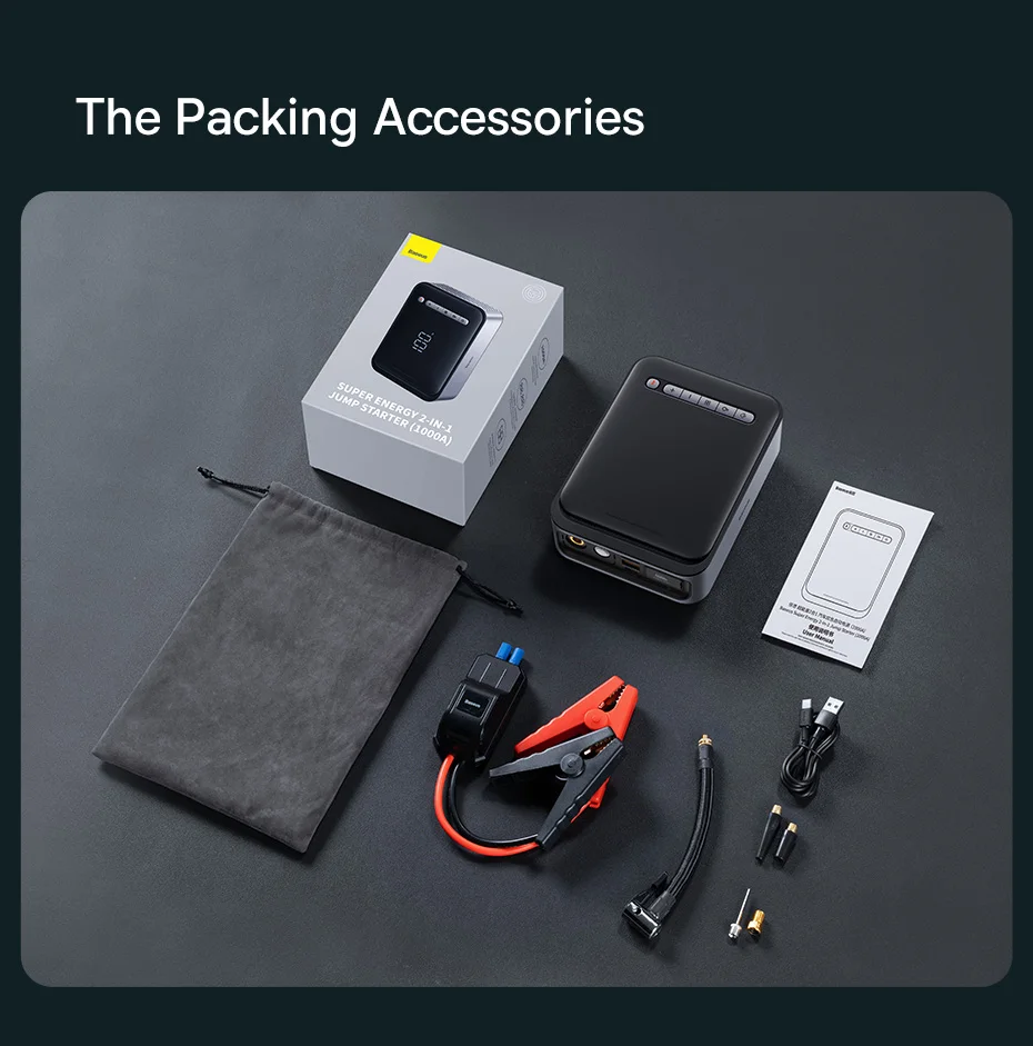 Baseus 1000A Auto-Starthilfe Powerbank 2-in-1 mit Luftpumpe, tragbarer Auto-Batterie-Booster für Notstartgeräte im Auto – Detail 27