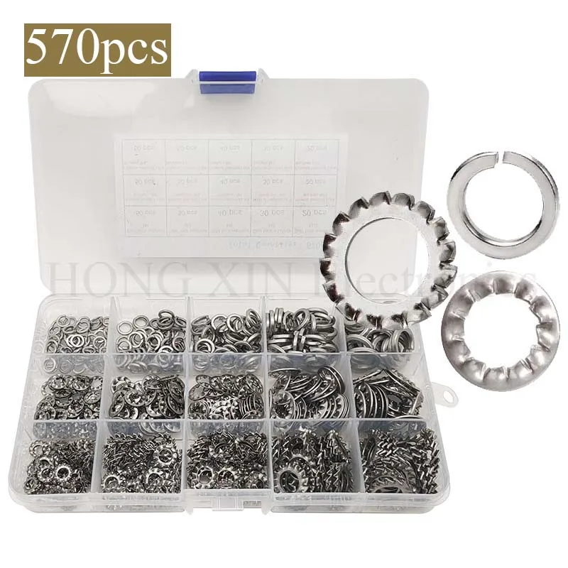 

M4-M10 304 Stainless Steel External Serrated Lock Washer&Internal Serrated Lock Washer &Split Lock Washer Assortment Set 570Pcs