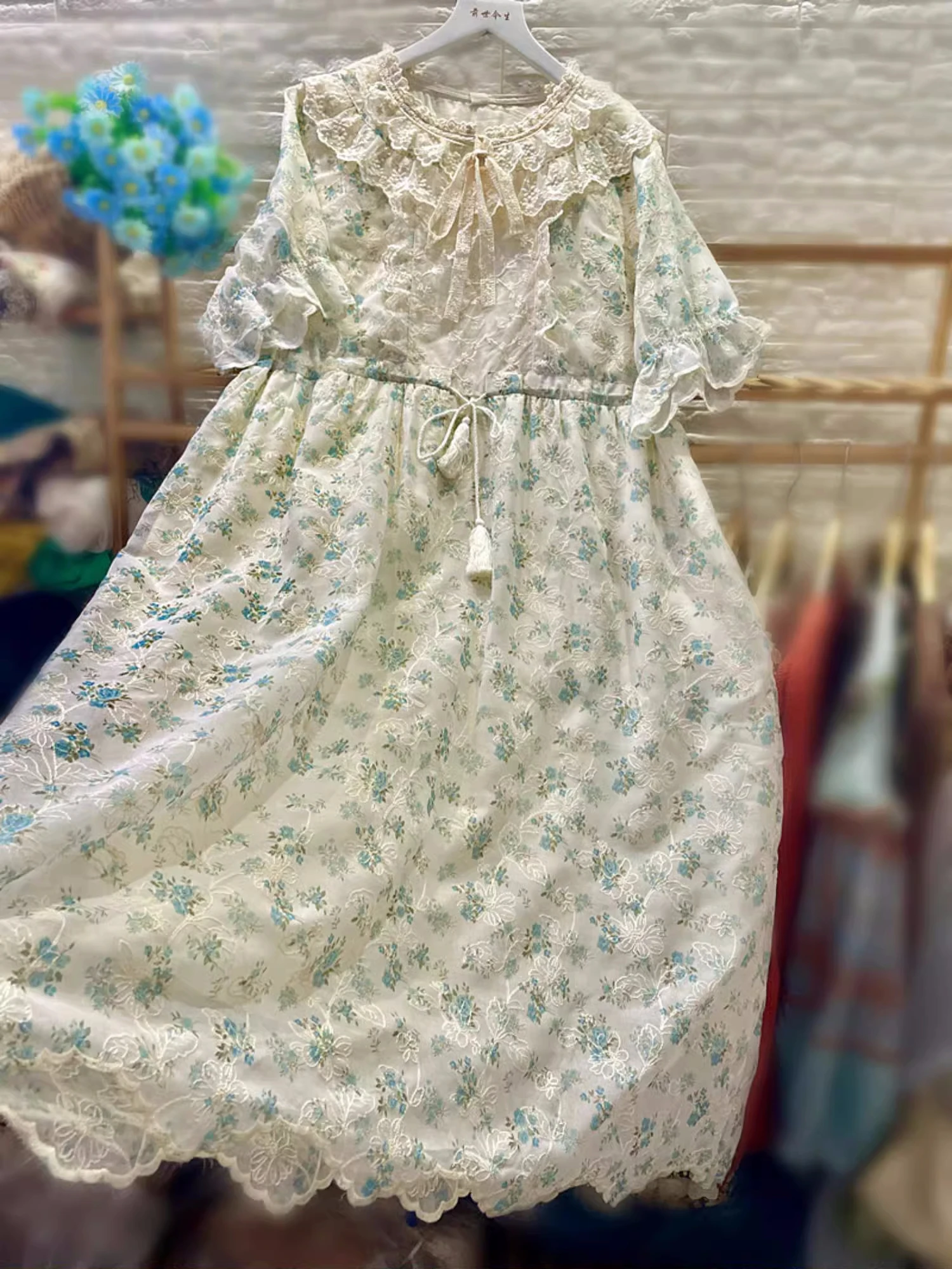 Female Summer Mori Girl Lace Floral Embroidery Tunic Midi Dress Shabby Chic Rococo Victorian Cottage Core Aesthetic Long Dress