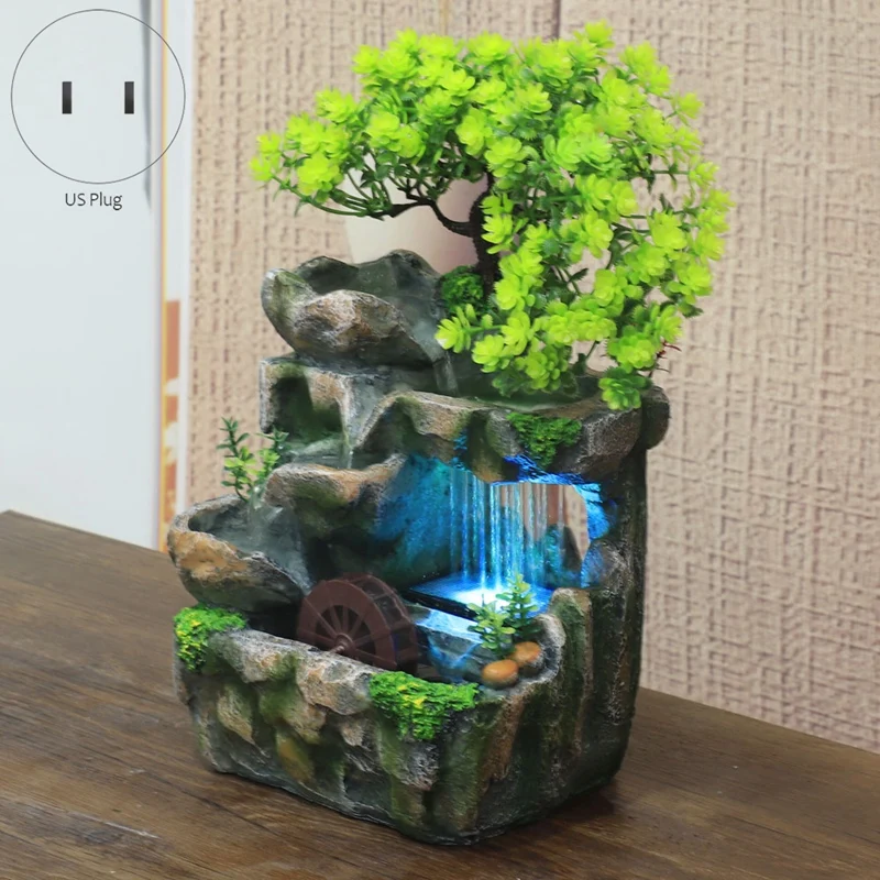 Indoor Desktop Feng Shui Rockery Fountain Decor Living Room Flowing Water Waterfall Ornament With 7-Color Light