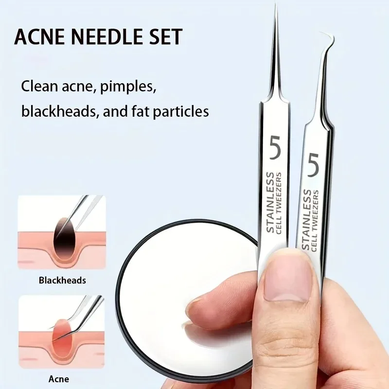 

2/3PCS Ultra Fine No 5 Cell Pimples Black Head Clip Tweezers and Magnifying Mirror Beauty Salon Special Scraping Closing Artifac