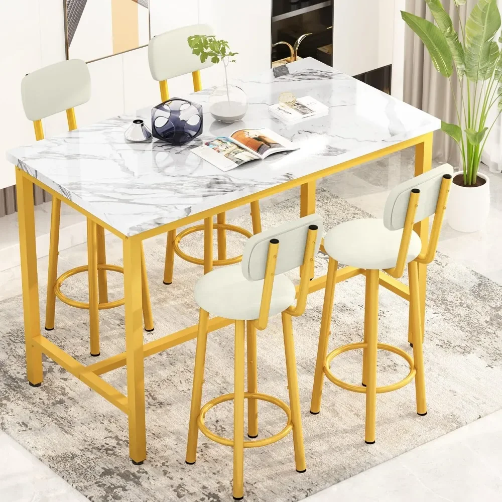 

Faux marble dining table with 4 PU upholstered chairs, 5-piece breakfast table, bar table and backrest chair with footrest