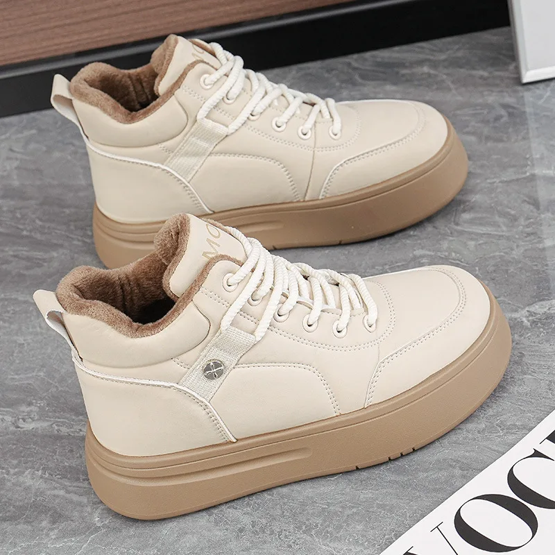 

Женские высокие вулканизированные туфли, осенне-зимние бархатные теплые хлопковые туфли на шнуровке из мягкой кожи, кроссовки для отдыха на толстой подошве