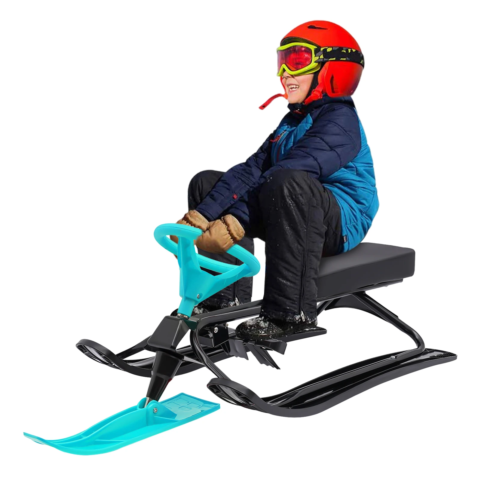 Heavy Duty Snow Racer Sled for Kids, Ski Sled Slider Board W/ Steering Wheel Twin Brakes