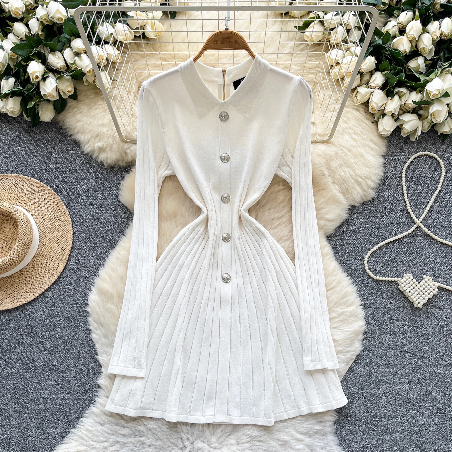 Chic vintage turn-down collar button Knit slim Elegant Fairy korean fashion Boho Sundress women clothing dress