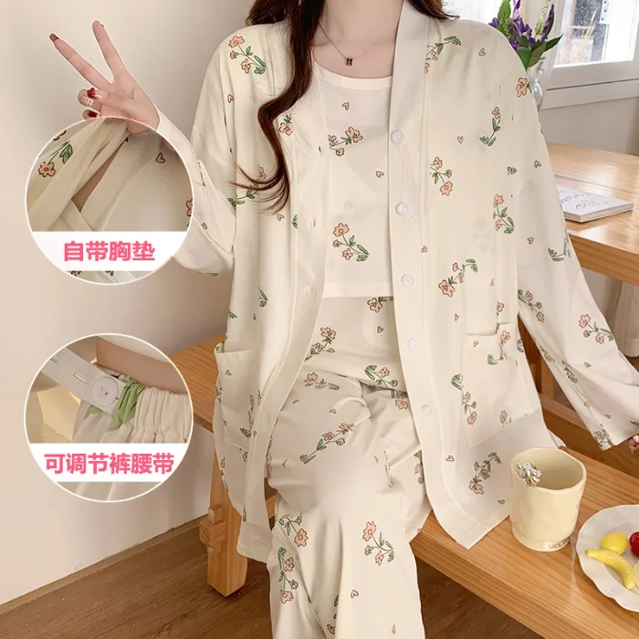3PCS/Set Nursing Maternity Korean Version Nightwear Breastfeeding Knitted Cotton Pajamas Gown Maternity Pregnancy Clothes