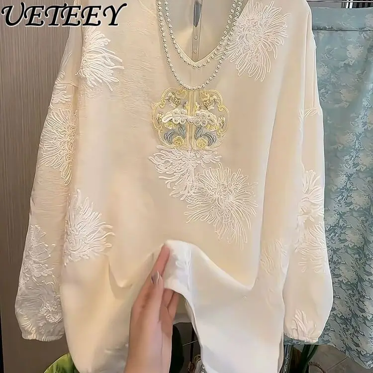 

2025 Spring and Summer New Women's Clothing High-end Sense New Chinese Style Beige V-neck Long-sleeved Shirt Blouse Ladies Top