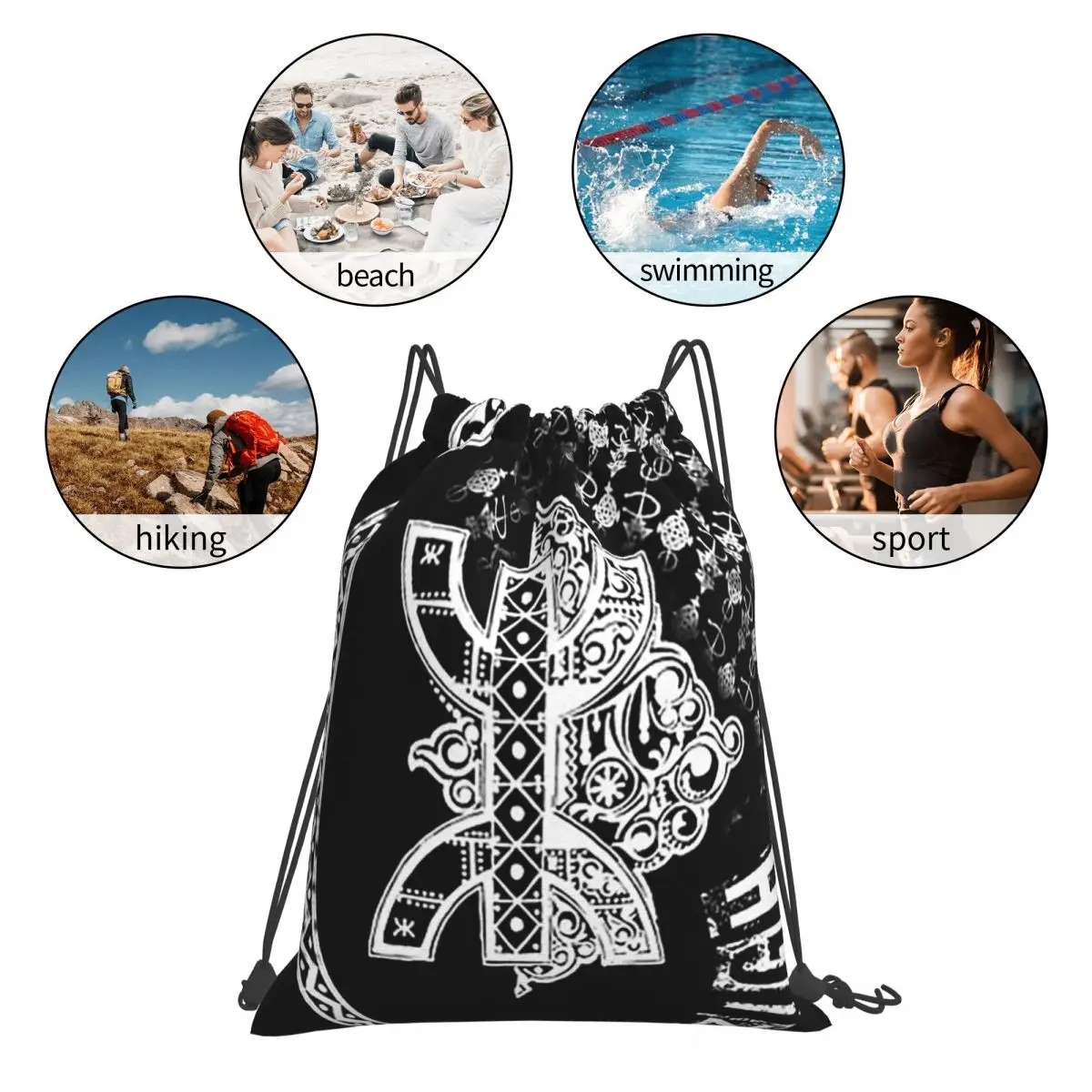 Creative Tifinagh Backpacks Multi-function Portable Drawstring Bundle Pocket Sports Bag Book Bags For Travel School