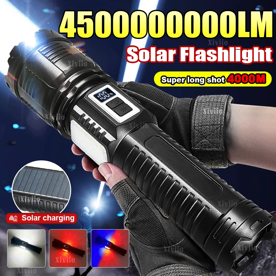 أحدث مصباح يدوي بالطاقة الشمسية السوبر مشرق نوع-c مشاعل قابلة للشحن طويلة المدى 4000 متر التكتيكية مصباح شعلة التخييم الصيد مصباح