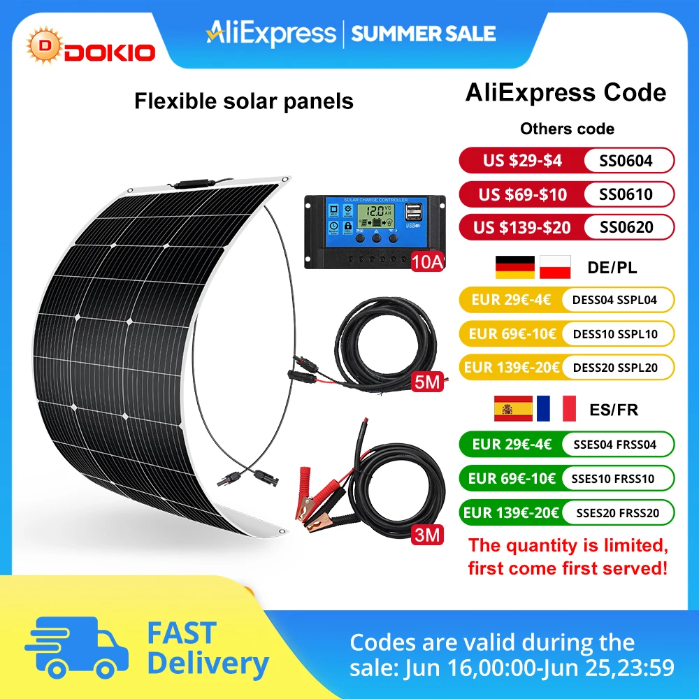 

DOKIO 100WSET 18V flexible solar panel waterproof monocrystalline solar panel camping RV home 12V battery charging