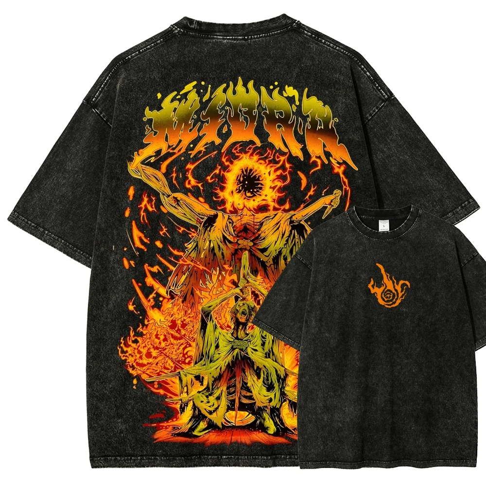 Chaos Flame Entity Grafik-T-Shirt für Herren, Acid Wash, Schwere Baumwolle, Streetwear, Gothic-Stil, Dark Art, Bedrucktes Oversize-Oberteil
